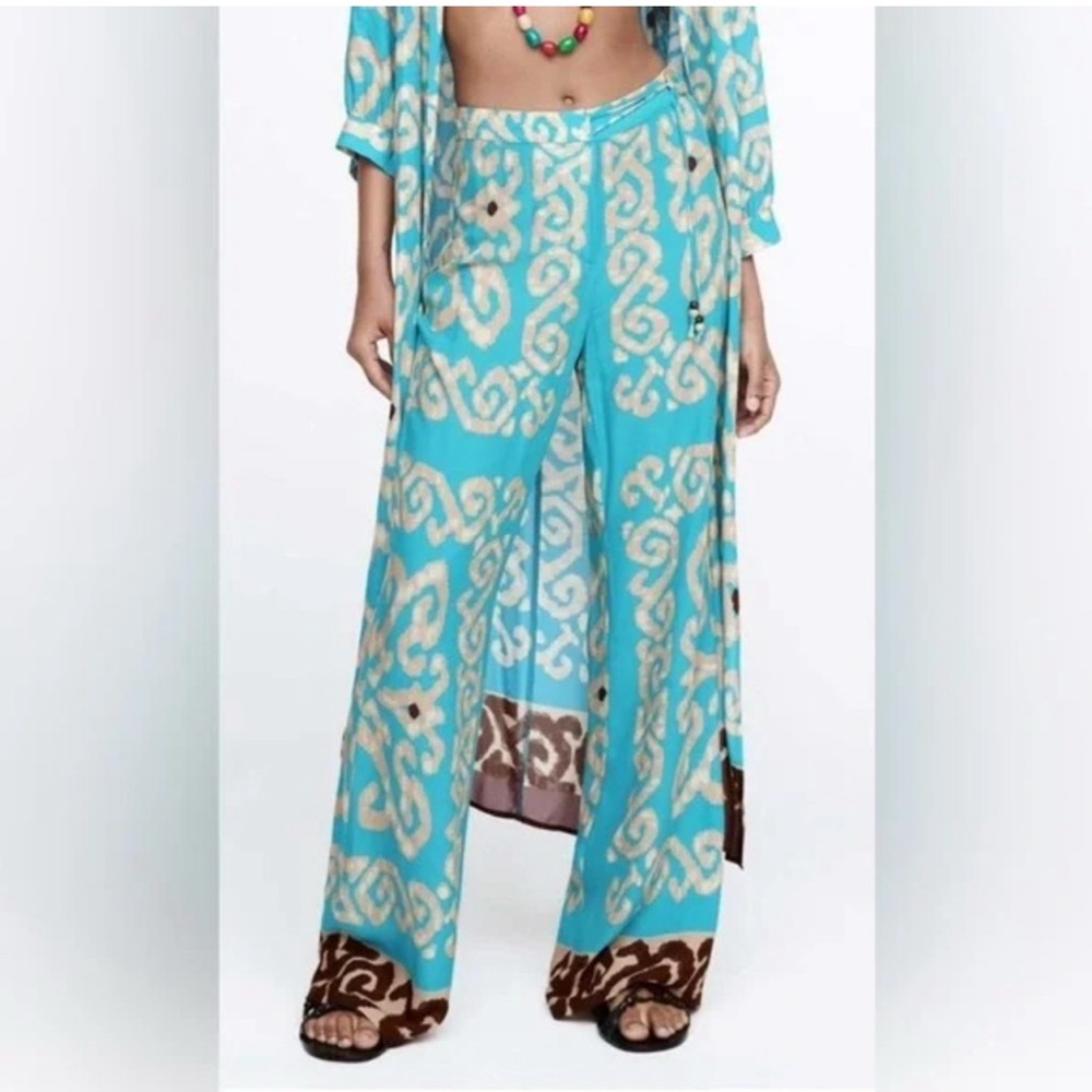 Zara Turquoise & Brown Wide Leg Printed Pants